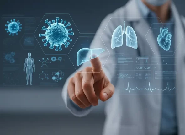 doctor señalando organos en pantalla